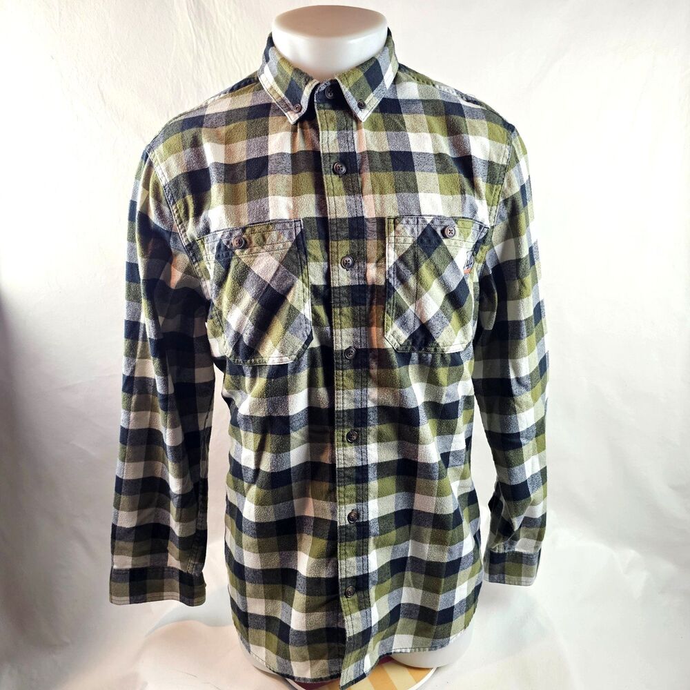 Duluth Trading Co 40 Grit Mens Medium Green Plaid Flannel Work Shirt Button Up